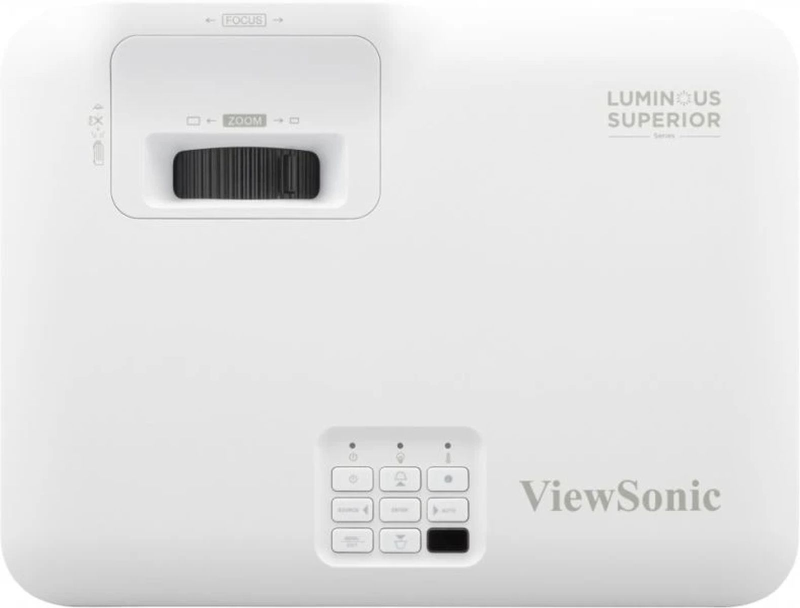 Un proiettore bianco con controlli di messa a fuoco e zoom, pannello di controllo e logo ViewSonic.