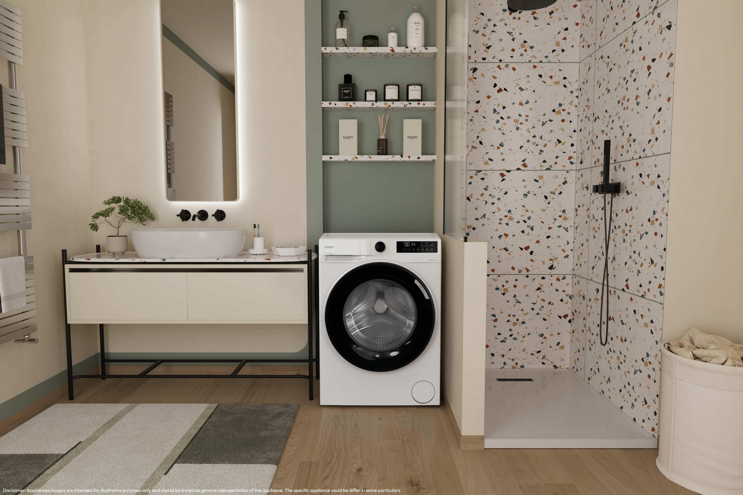 Bagno moderno con lavatrice, lavabo e doccia con piastrelle in terrazzo.