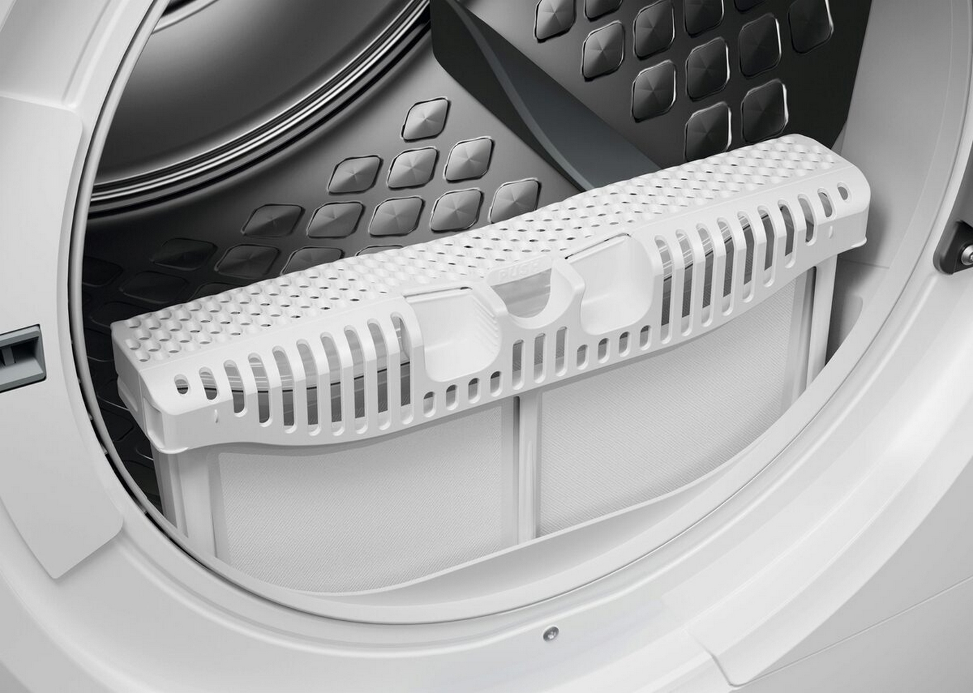 Un filtro a lanugine bianco per asciugatrice con lamelle e maniglie.