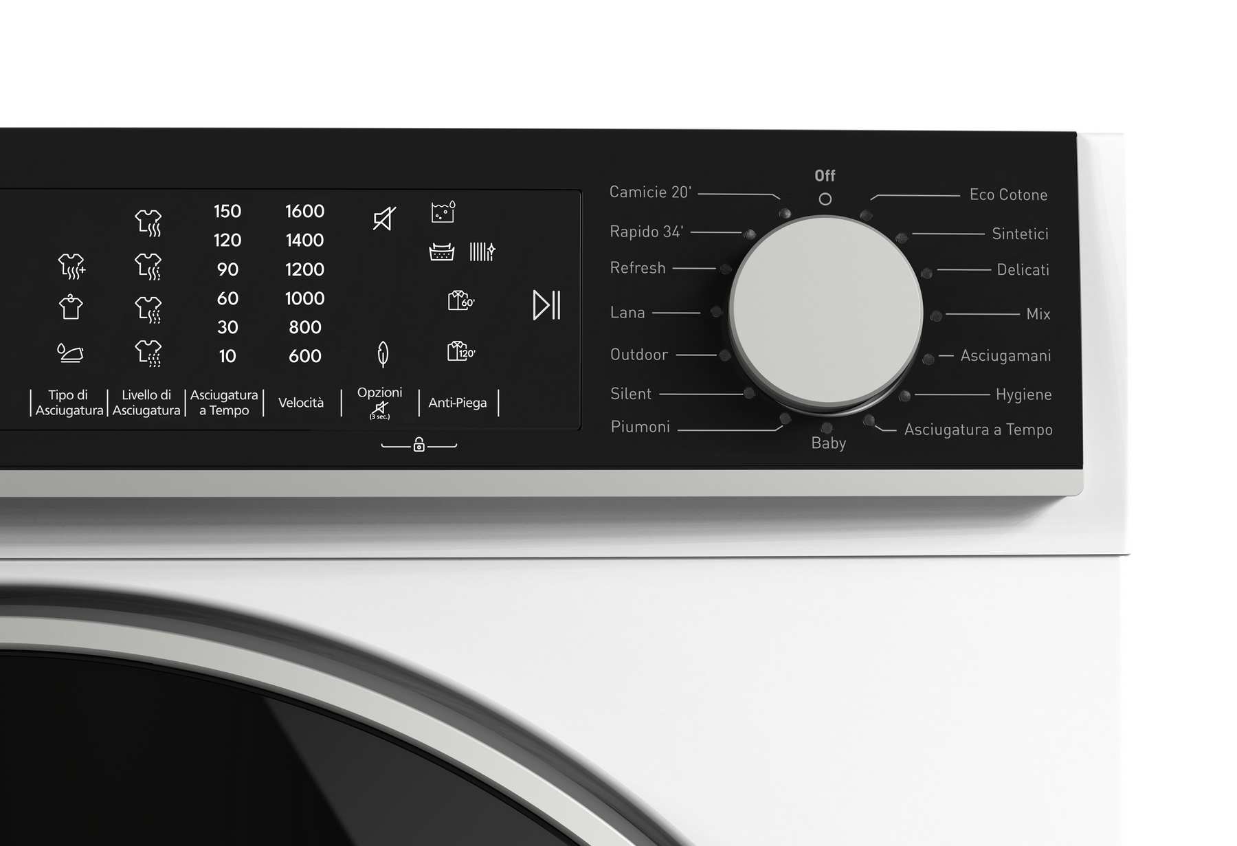 Pannello di controllo lavatrice con selezione programmi e manopola.