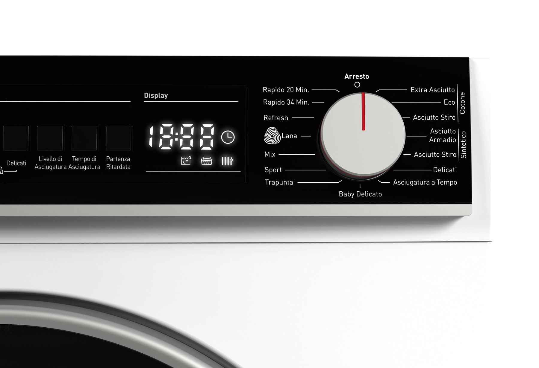 Pannello di controllo lavatrice con display digitale e selettore programmi.