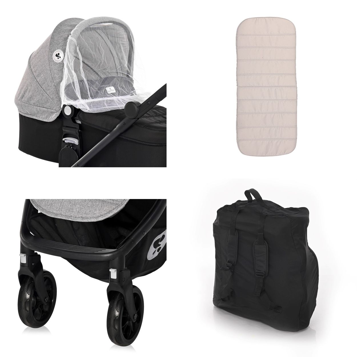 Ein Kinderwagen mit Moskitonetz, eine Einlage, Räder und eine schwarze Tragetasche.
