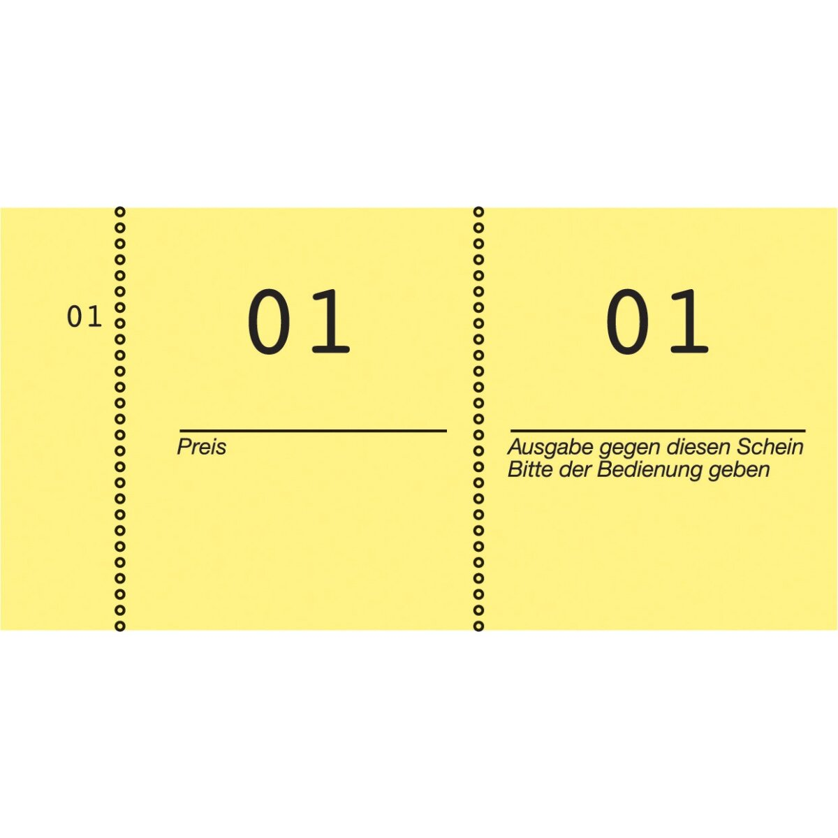Gelber Schein mit Aufdruck '01' und 'Preis'. Perforation auf beiden Seiten.