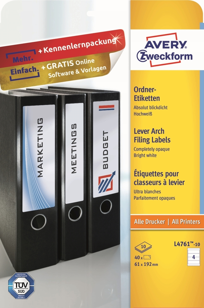 Drei schwarze Aktenordner mit weißen Etiketten für Marketing, Meetings und Budget.