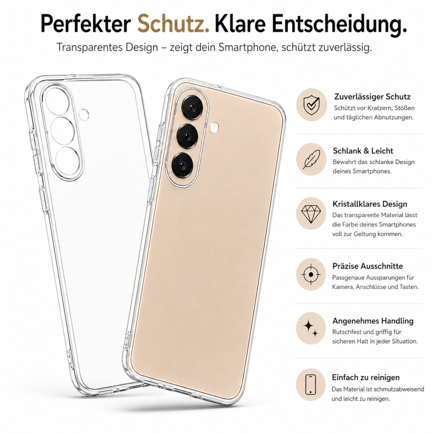 Transparente Handyhülle zeigt ein Handy mit Kamera und Knöpfen.