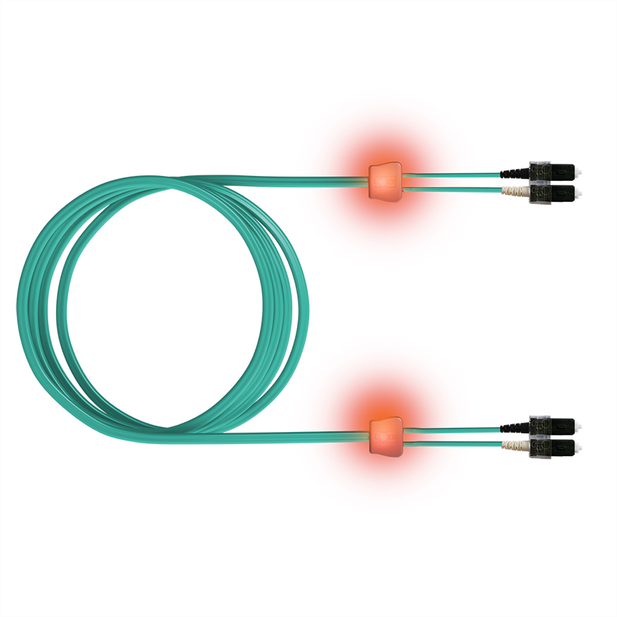 Ein türkisfarbenes Kabel mit zwei Steckern und orangefarbenen Lichtern.