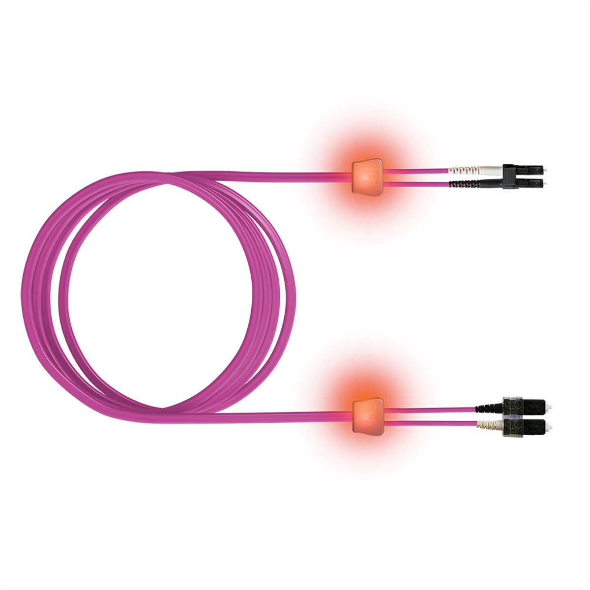 Lila Kabel mit zwei Anschlüssen und roten Lichtern.