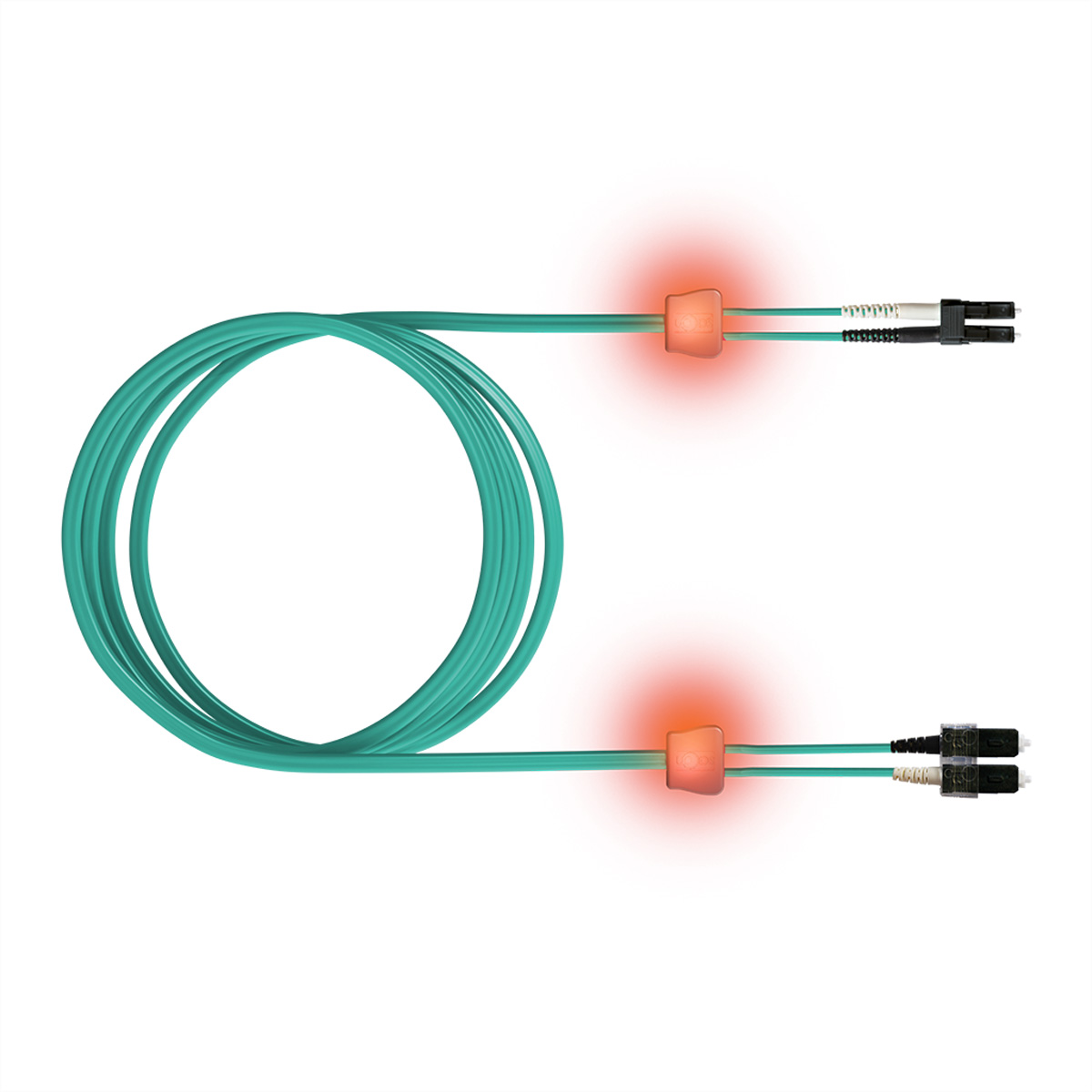 Ein türkisfarbenes optisches Kabel mit zwei Steckern und zwei roten Lichtern.
