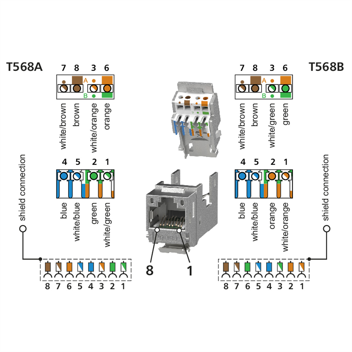Diagramma degli standard di cablaggio Ethernet T568A e T568B con codici colore.