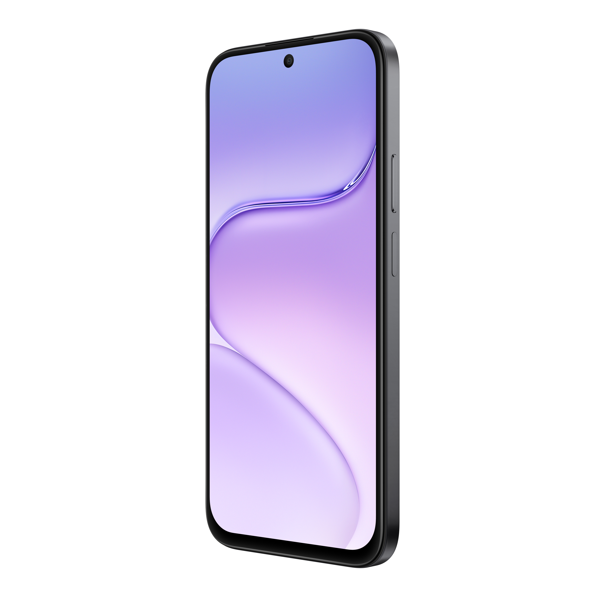 Un elegante smartphone con marco negro y fondo degradado púrpura en pantalla.