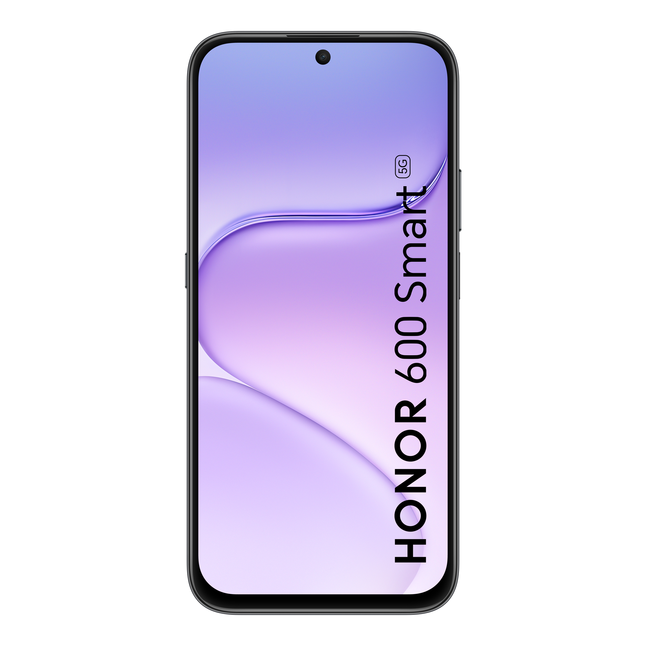 Un smartphone Honor 60 negro con un fondo de pantalla morado y una cámara frontal.