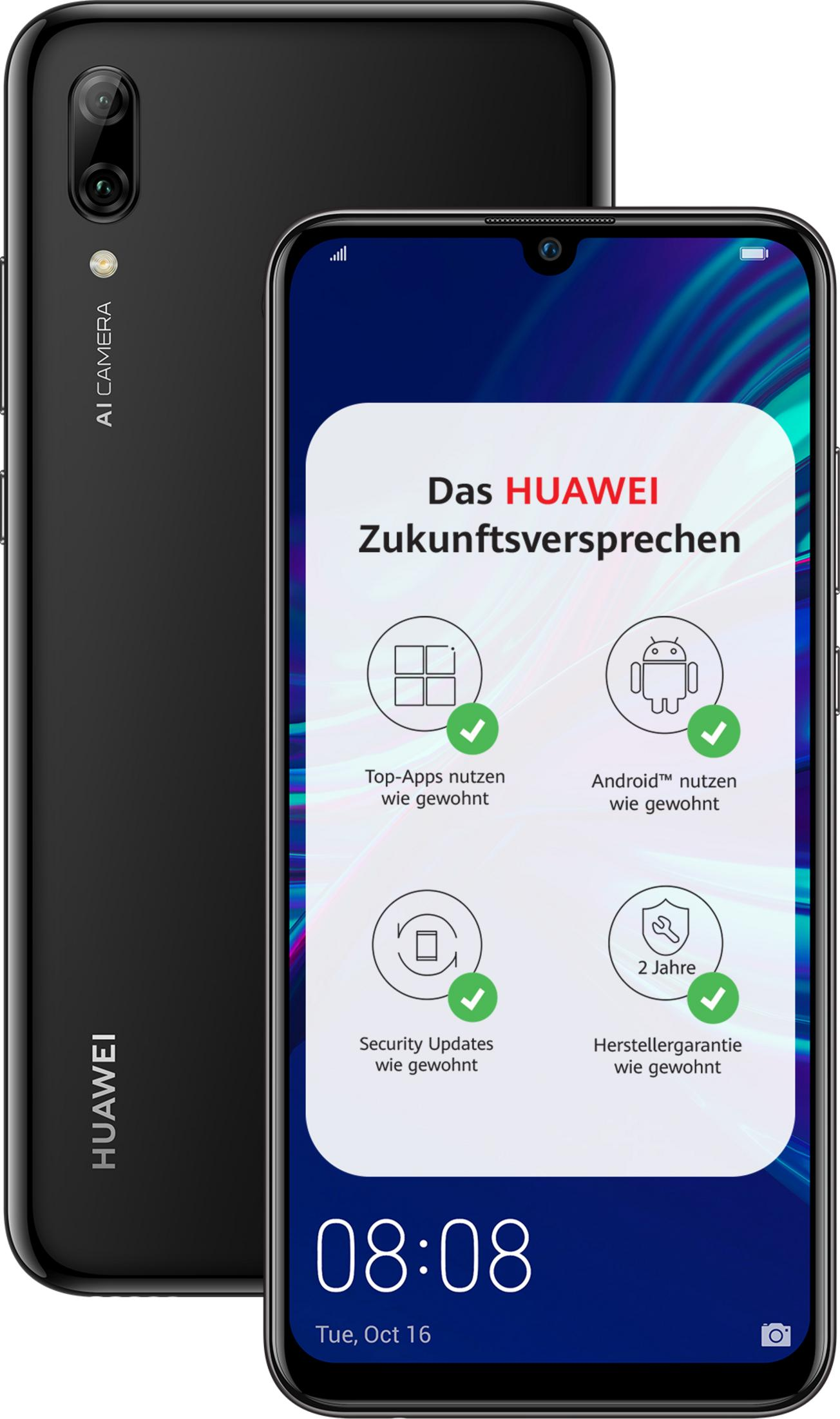 Uno smartphone Huawei nero mostra "La Promessa Futura HUAWEI" con icone.