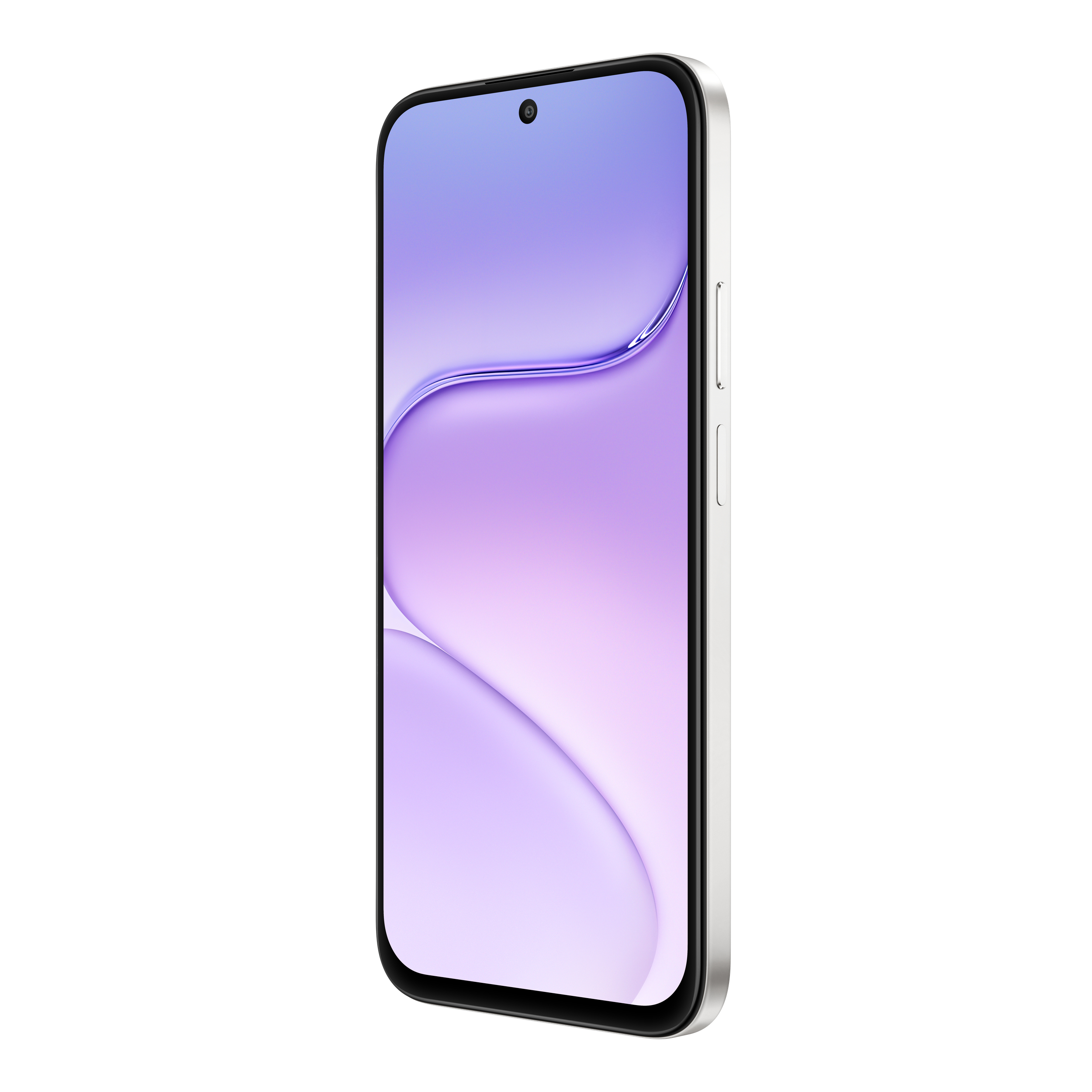 Ein silbernes Smartphone mit einem lila Wellenhintergrund und einer Frontkamera.