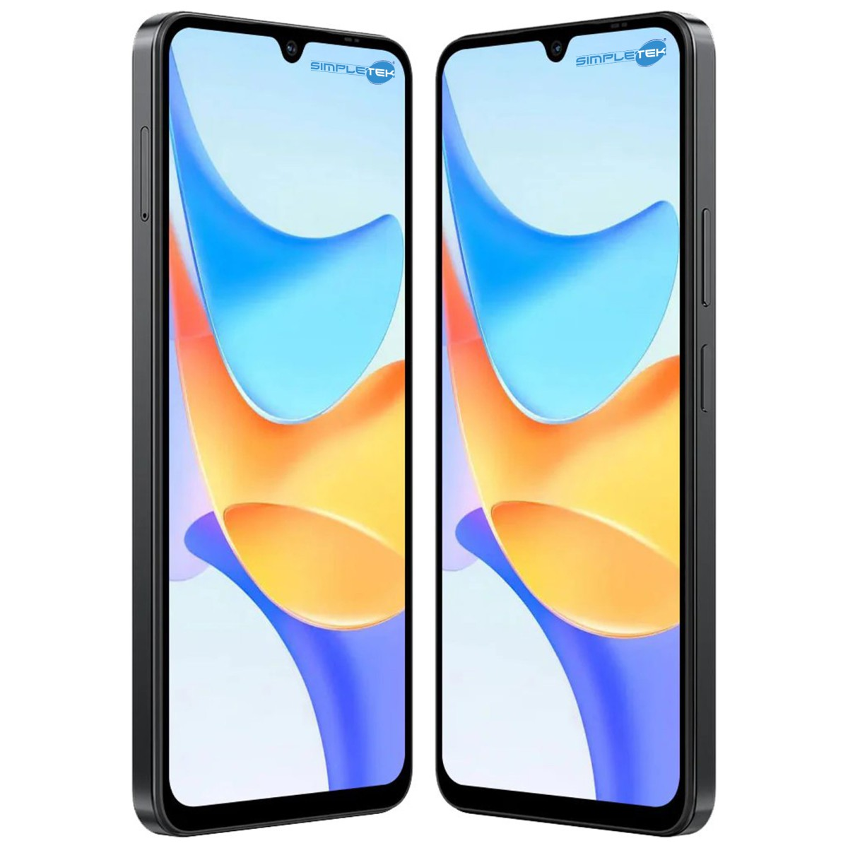 Due smartphone neri uno accanto all'altro, che mostrano uno sfondo colorato.