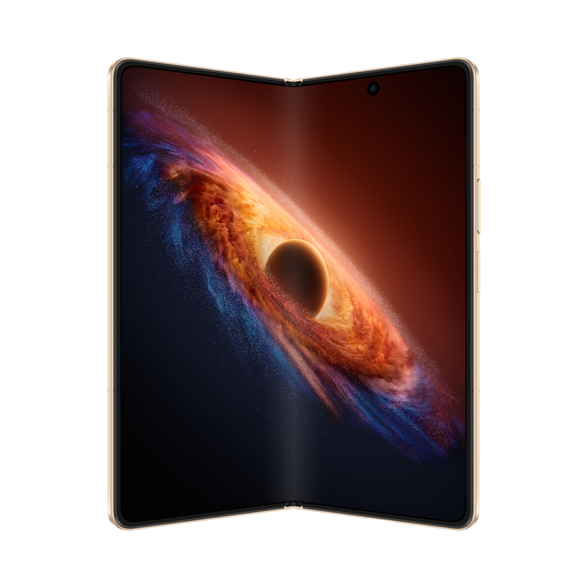 Ein goldfarbenes faltbares Smartphone mit einem kosmischen Hintergrundbild.