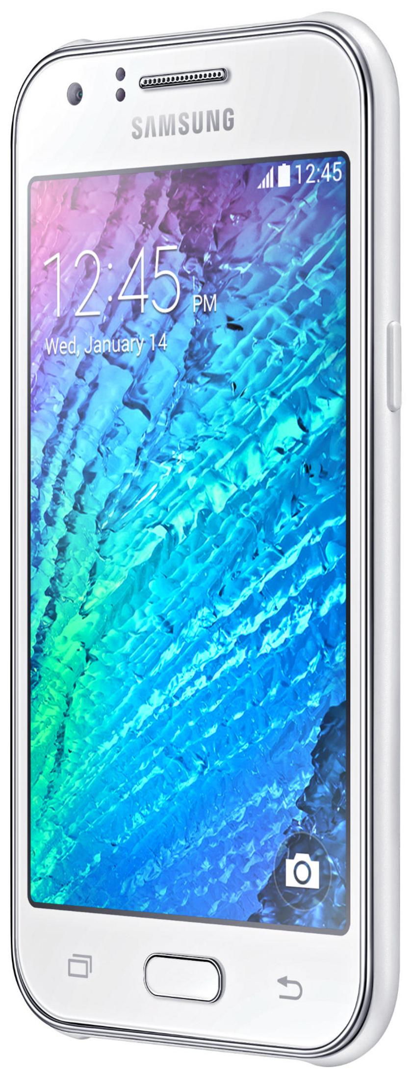 Weißes Samsung Smartphone mit blau-violetter Hintergrundgrafik.