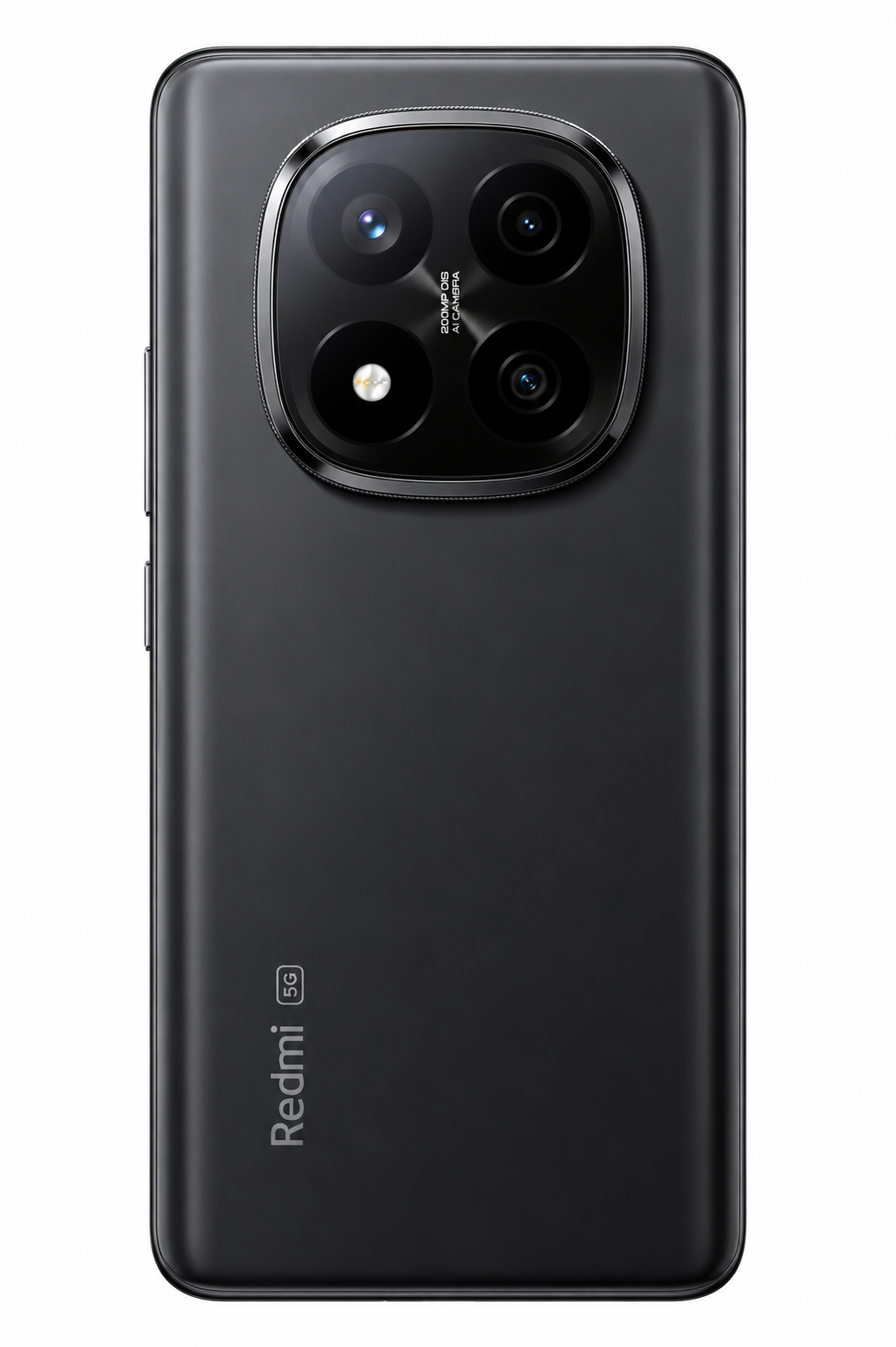 Retro smartphone nero con quattro fotocamere e logo Redmi 5G.