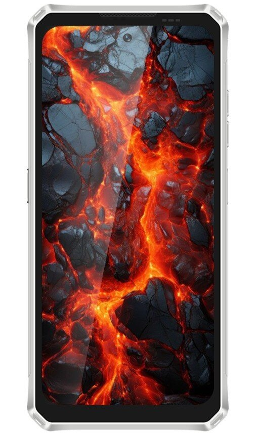 Uno smartphone con uno sfondo di lava incandescente e rocce scure.