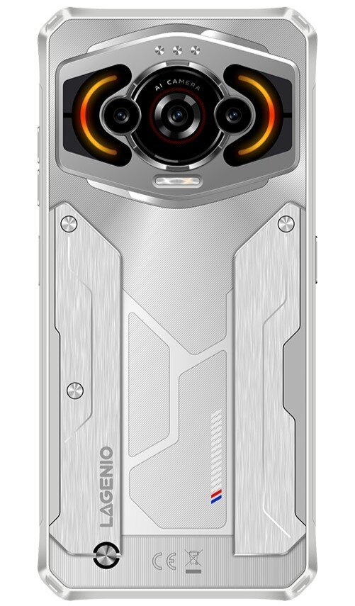 Smartphone argentato con modulo fotocamera prominente con testo AI CAMERA e accenti arancioni.