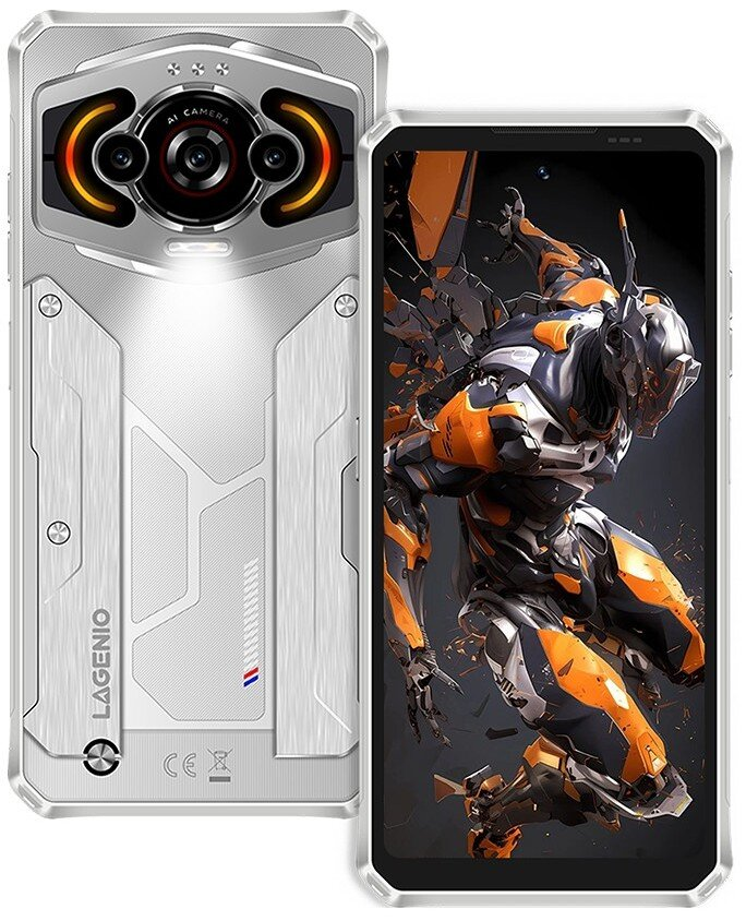 Smartphone argentato con fotocamera AI e grafica robot arancione sullo schermo.