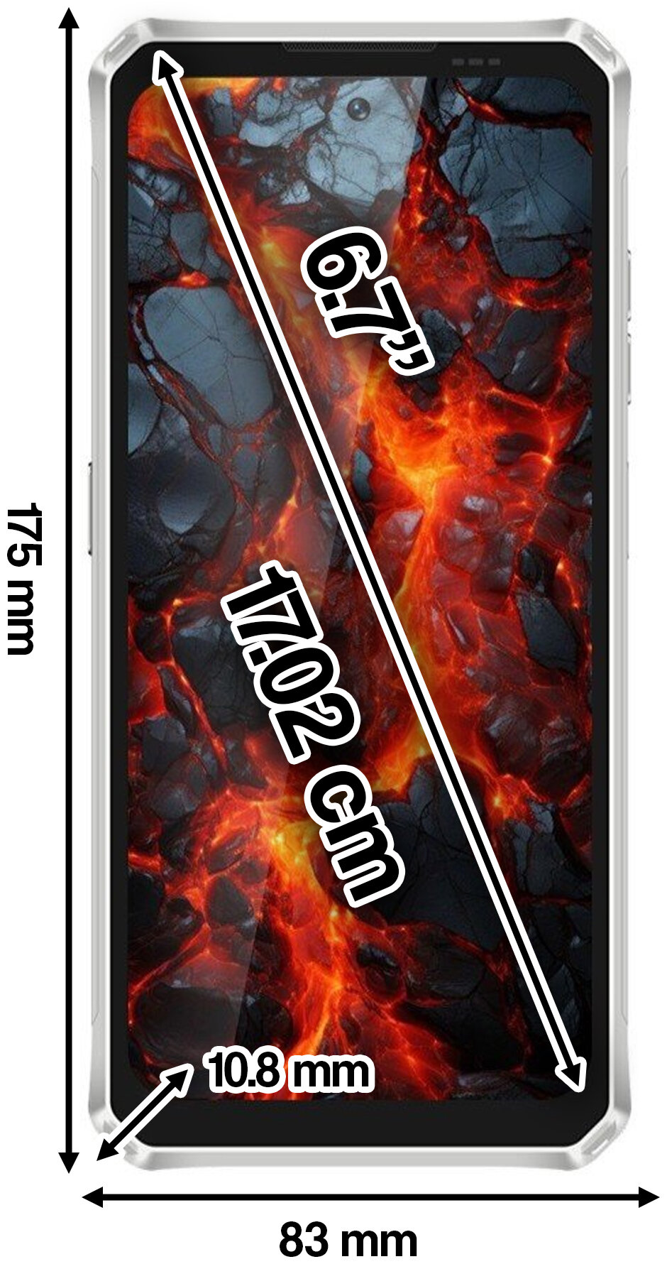 Uno smartphone con sfondo infuocato, misura 175x83x10,8 mm.