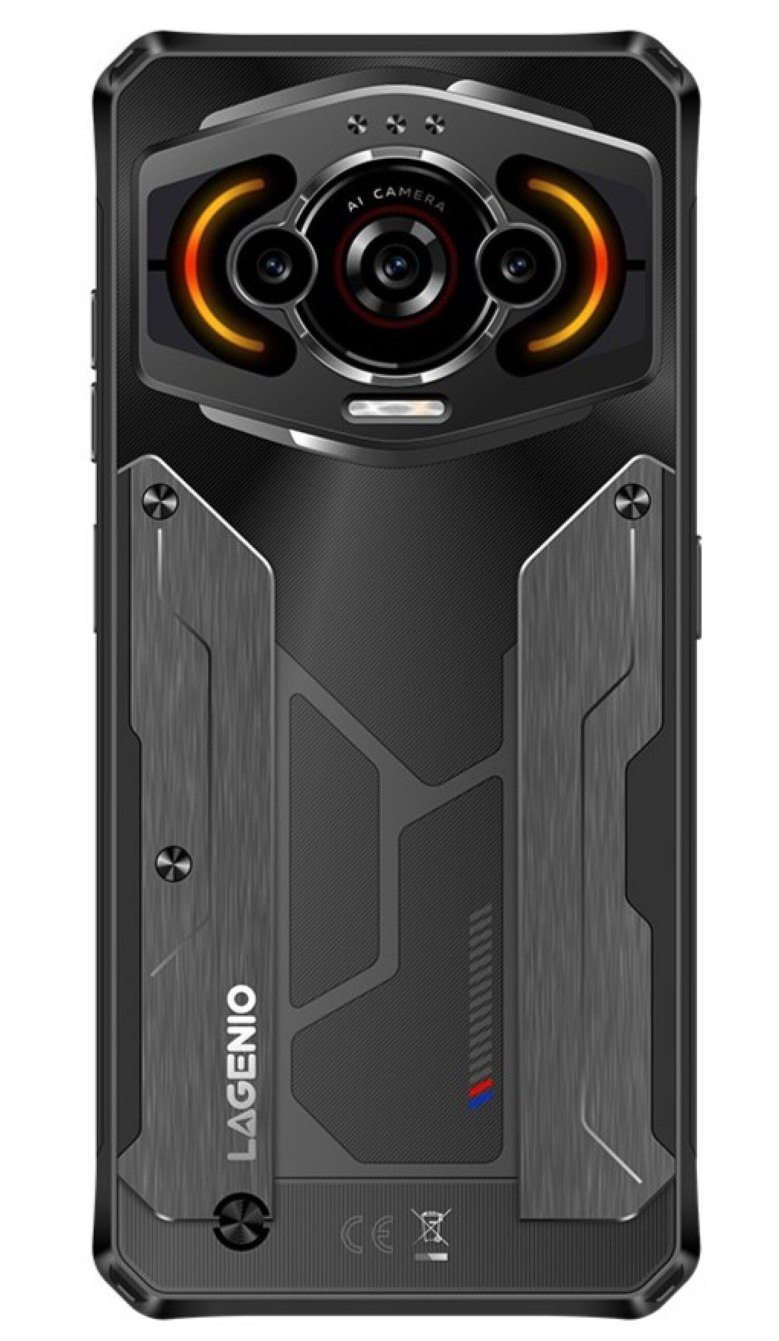 Retro di uno smartphone nero con tre fotocamere, luci arancioni e accenti argentati.