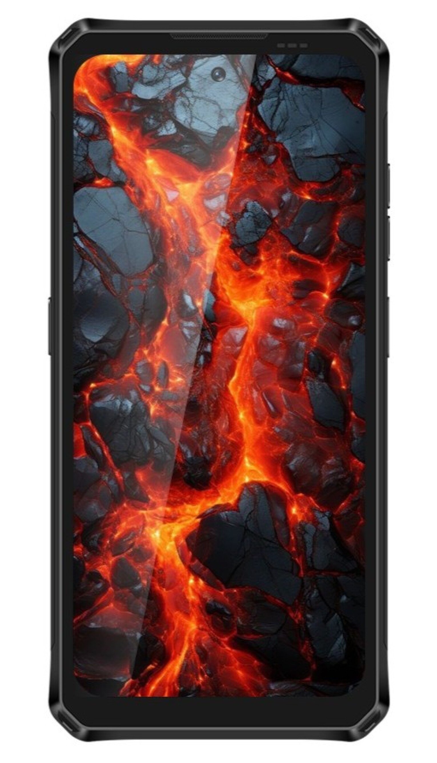 Uno smartphone nero mostra uno sfondo a tema lava rosso e nero.