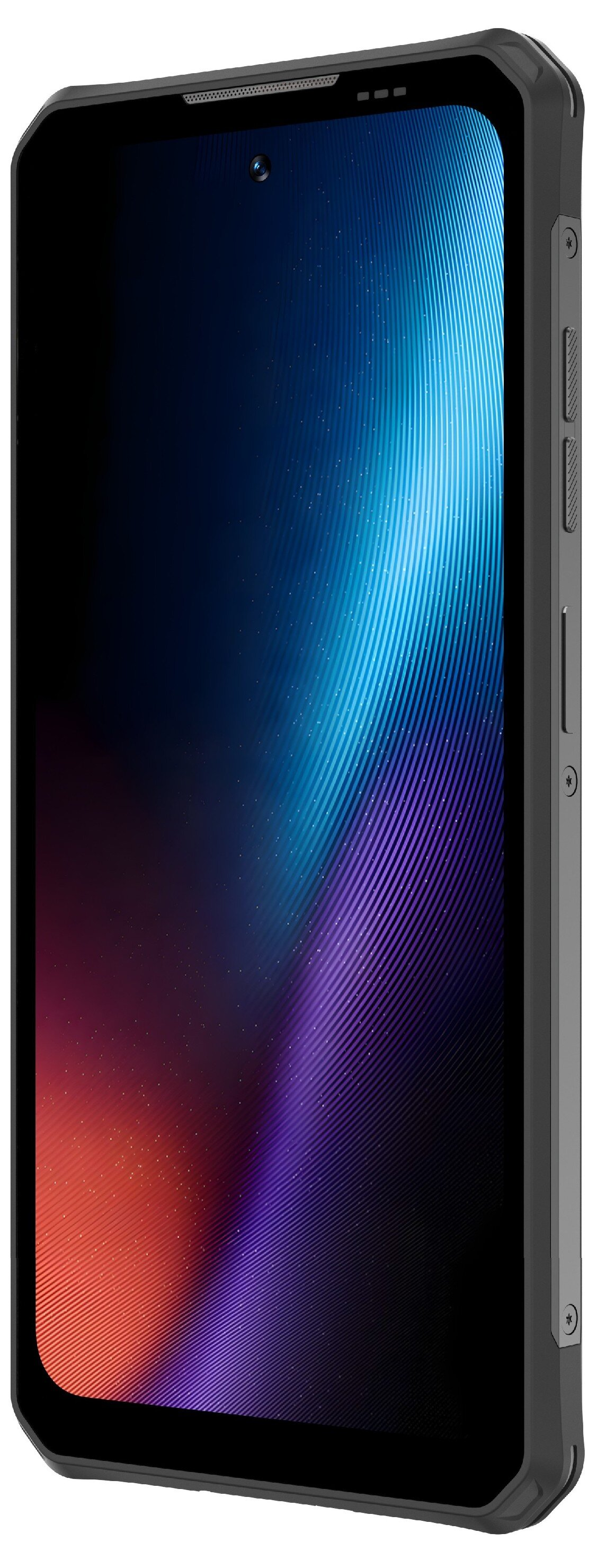 Uno smartphone grigio con schermo scuro e motivo di sfondo colorato.