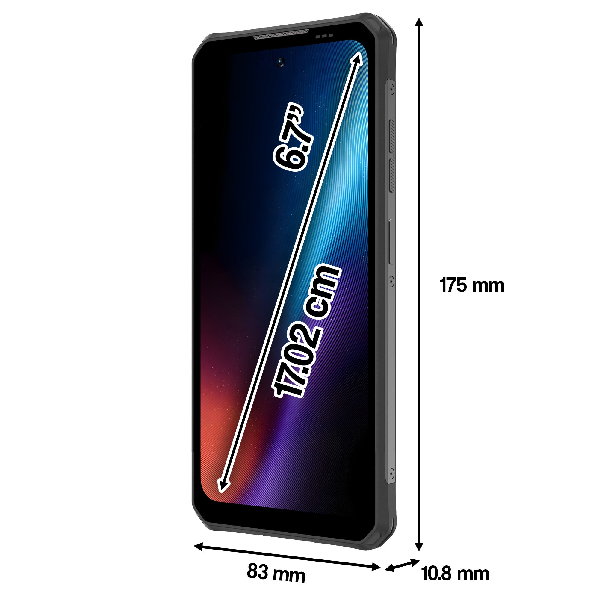 Uno smartphone nero di 175 x 83 x 10,8 mm con schermo da 6,7 pollici.