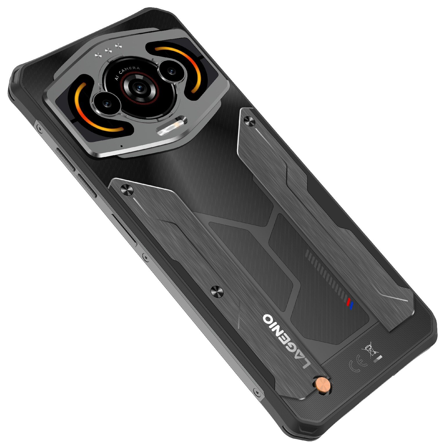 Smartphone nero con retro testurizzato, fotocamera AI e accenti metallici. Logo Lagenio visibile.