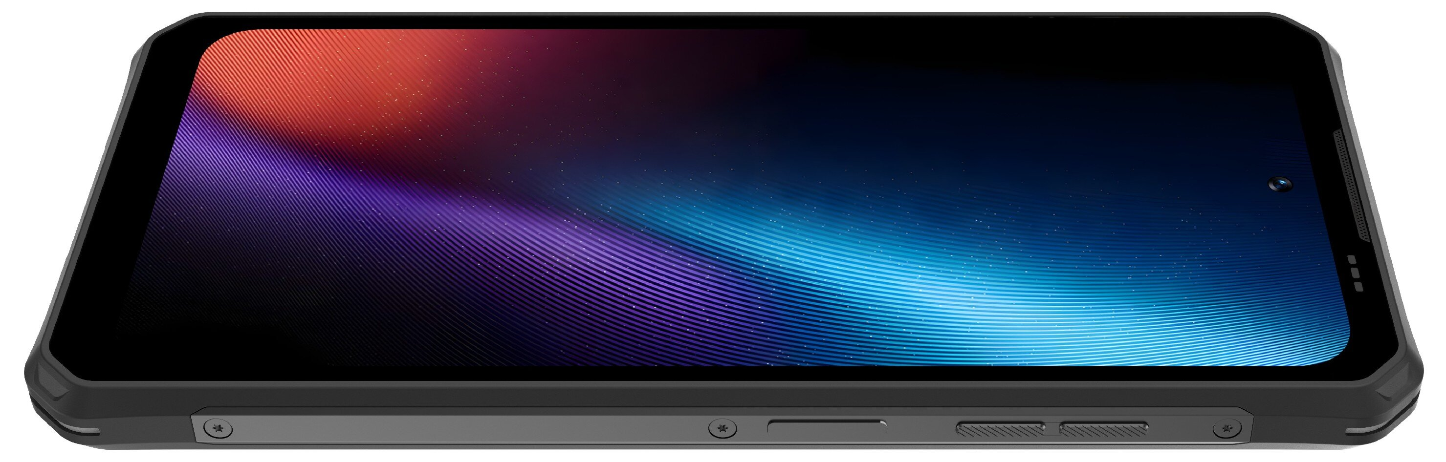Smartphone grigio con sfondo astratto colorato sullo schermo.