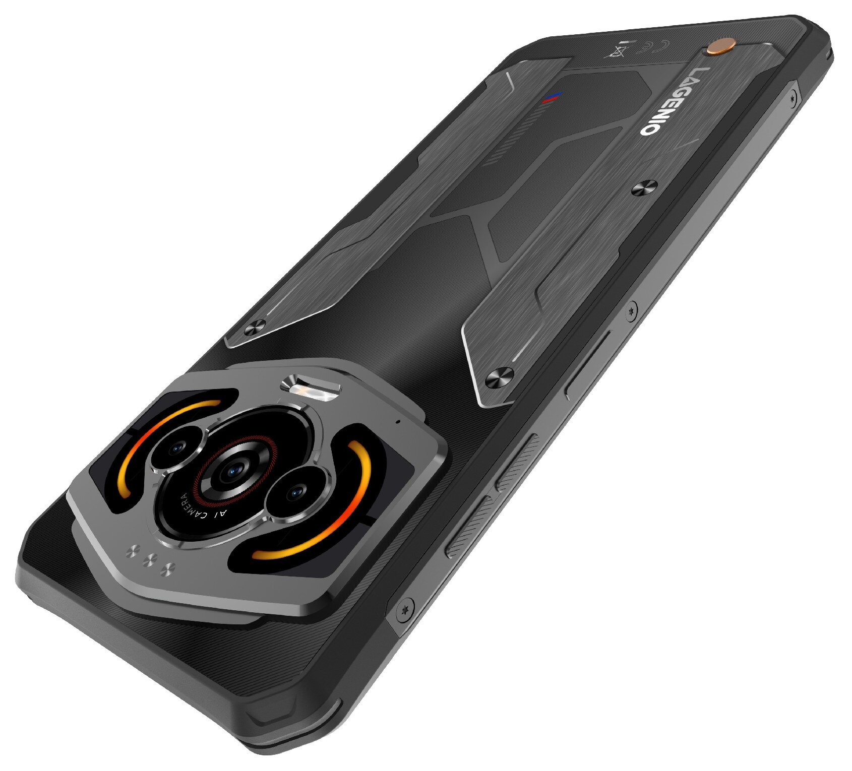 Uno smartphone nero con modulo fotocamera unico e accenti metallici. La fotocamera ha tre obiettivi e accenti luminosi arancioni.
