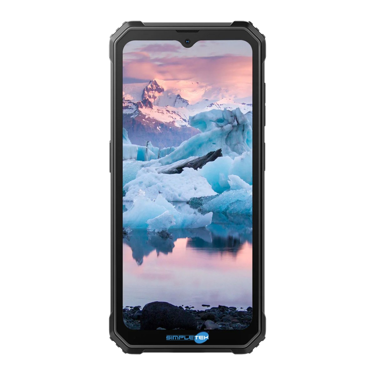 Uno smartphone robusto con sfondo di iceberg e montagne sullo sfondo.