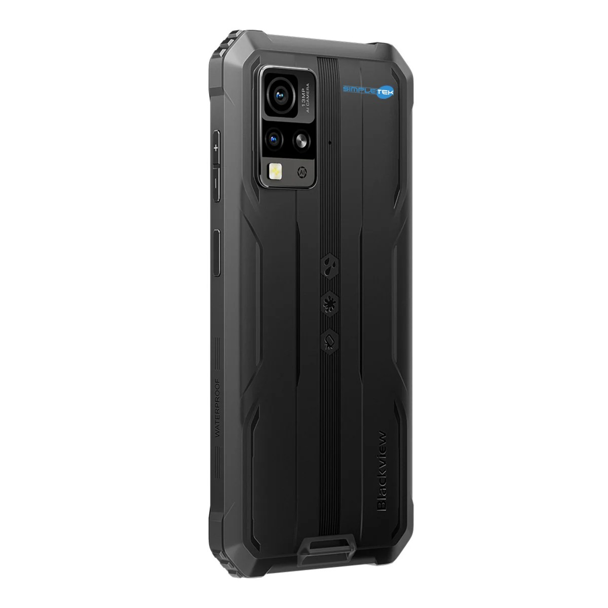Retro smartphone robusto nero. Visibili fotocamera, logo 'SIMPLETEK', testo 'Blackview'.