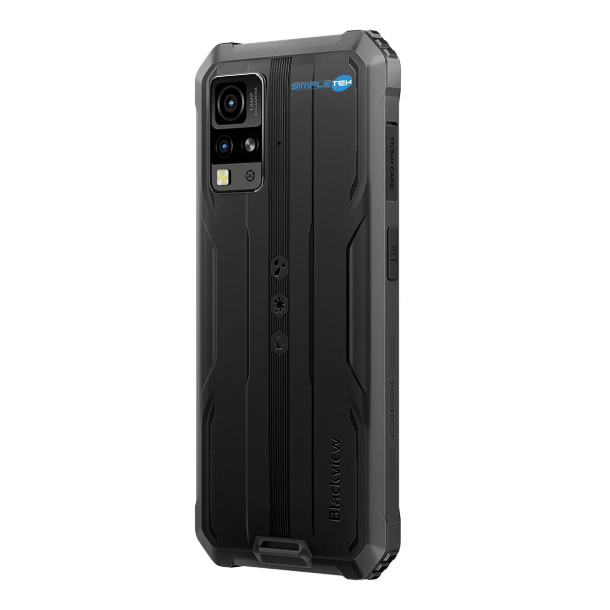 Robusto smartphone nero con fotocamera, slot SIM e pulsante PTT.