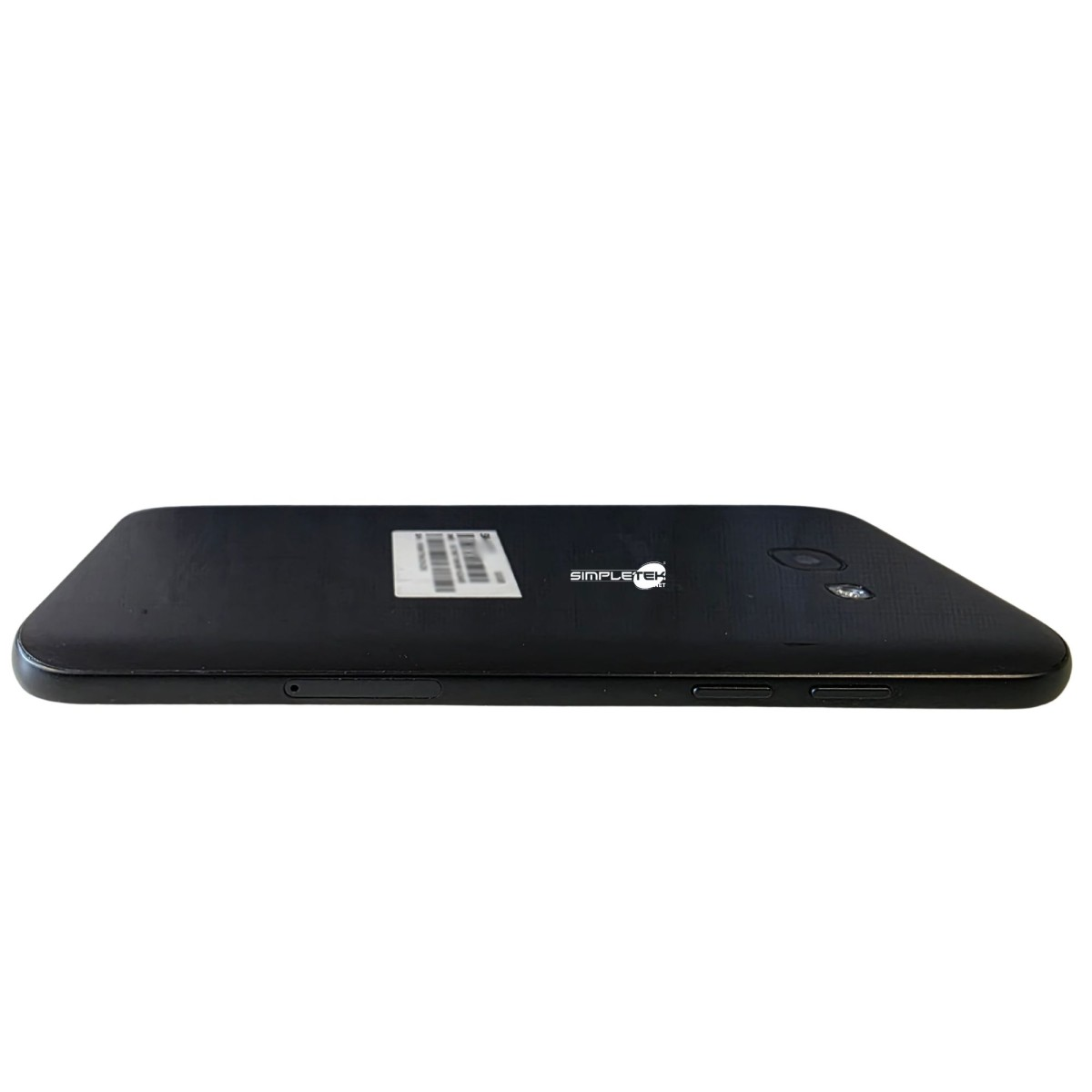 Smartphone nero con vassoio SIM, pulsanti e fotocamera.