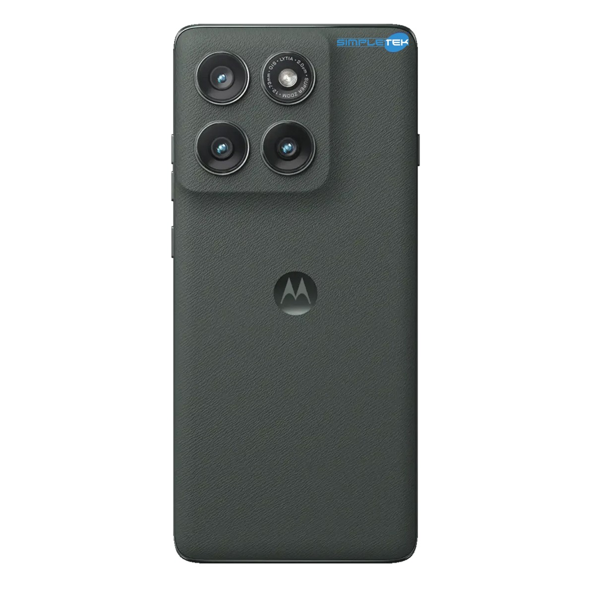 Retro di smartphone grigio scuro con quattro fotocamere e logo Motorola.