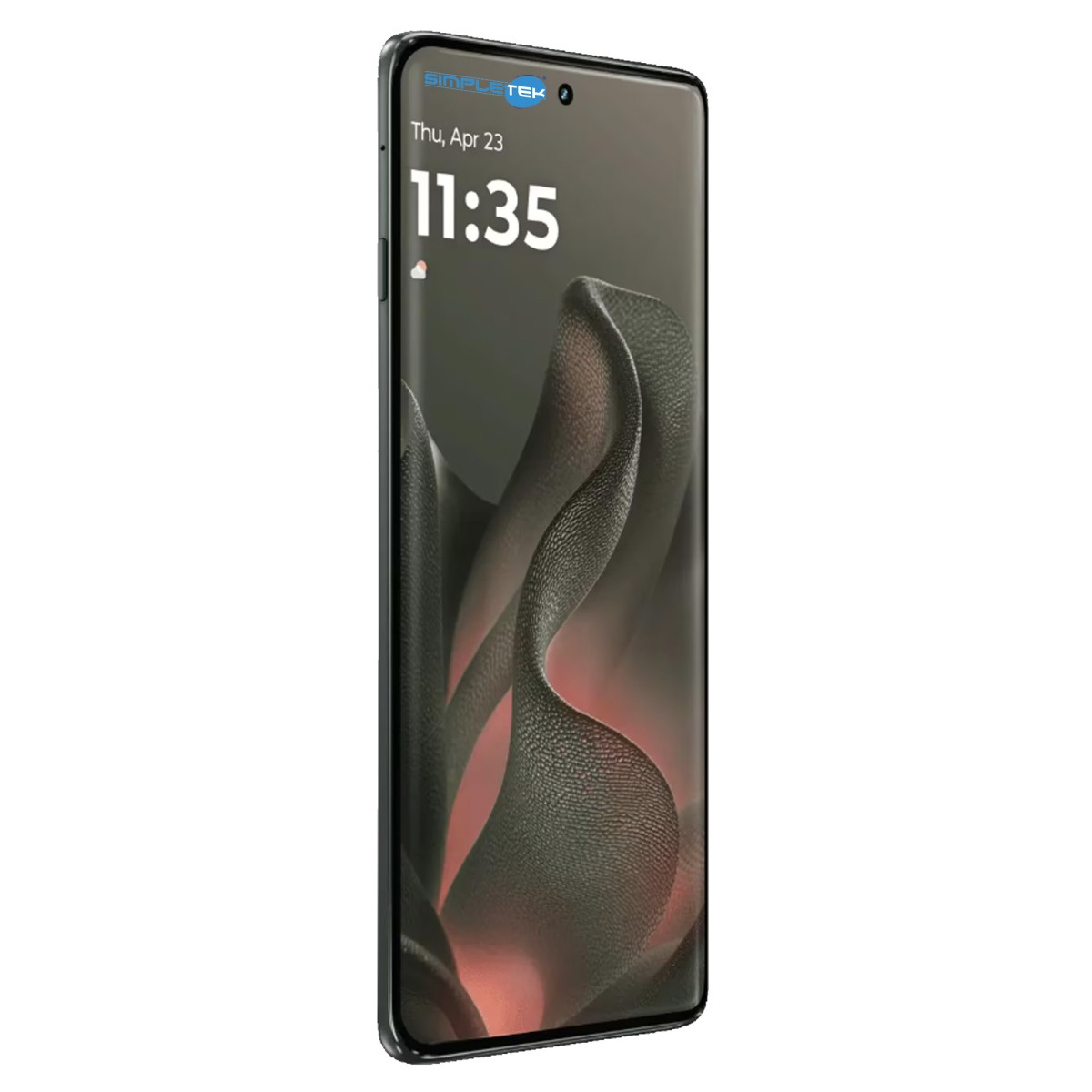Uno smartphone moderno mostra le 11:35 con uno sfondo astratto scuro e fluido.