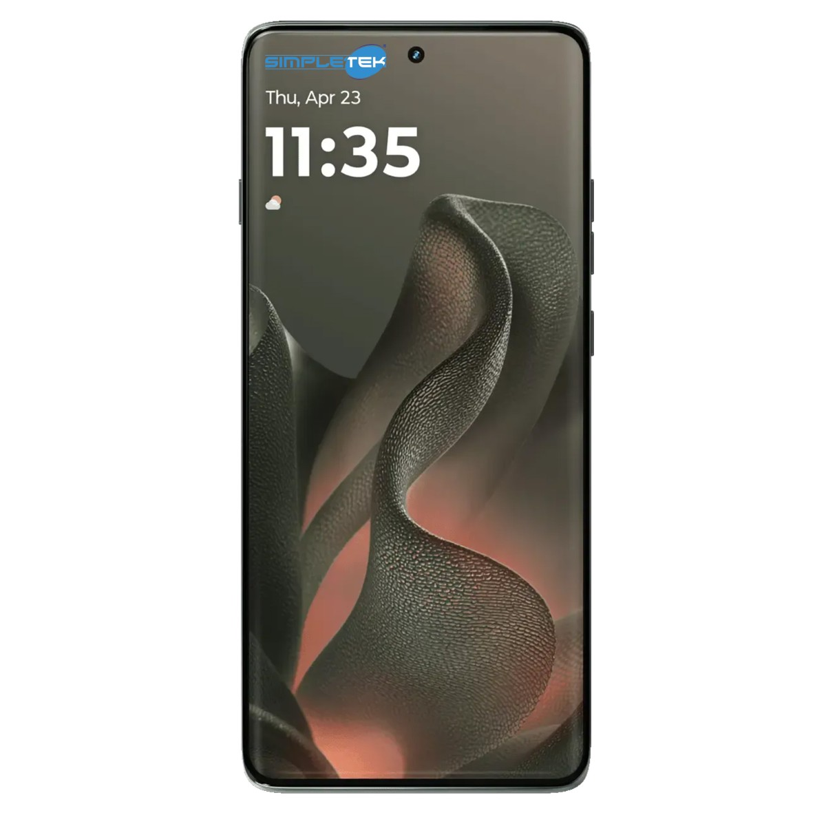 Uno smartphone mostra le 11:35 e il logo SimpleTek sul suo schermo.