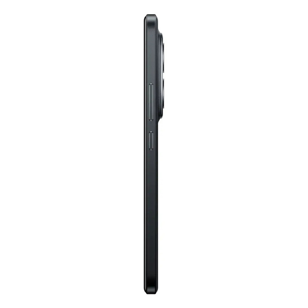 Vista laterale di uno smartphone nero con pulsanti argentati su sfondo bianco.