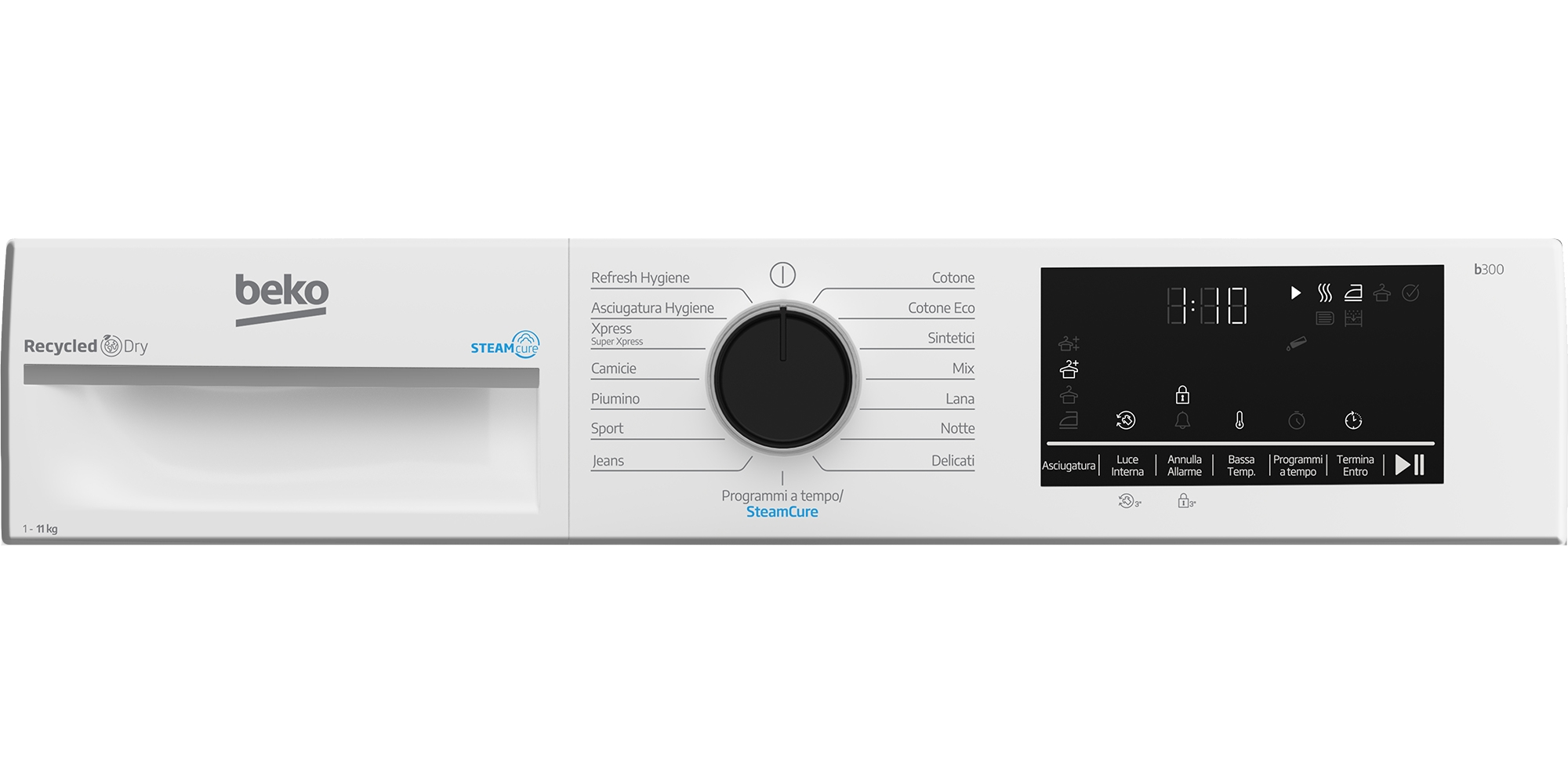 Una asciugatrice Beko bianca con display digitale e manopola selezione programmi.