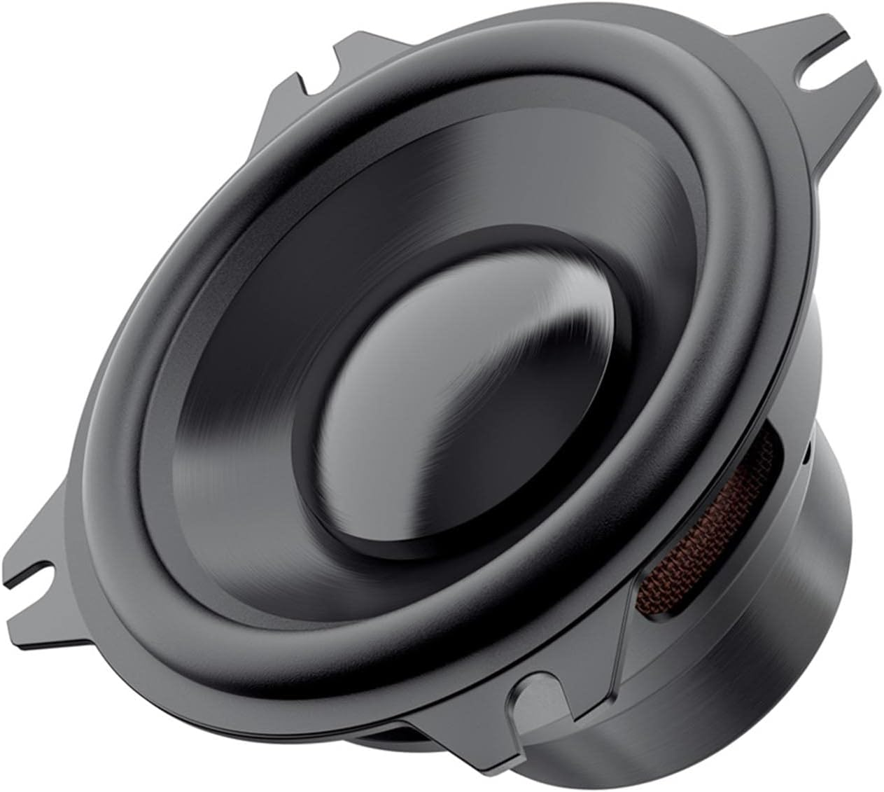 Ein schwarzer Lautsprecherkegel mit metallischem Glanz ist abgebildet, mit Befestigungslaschen.
