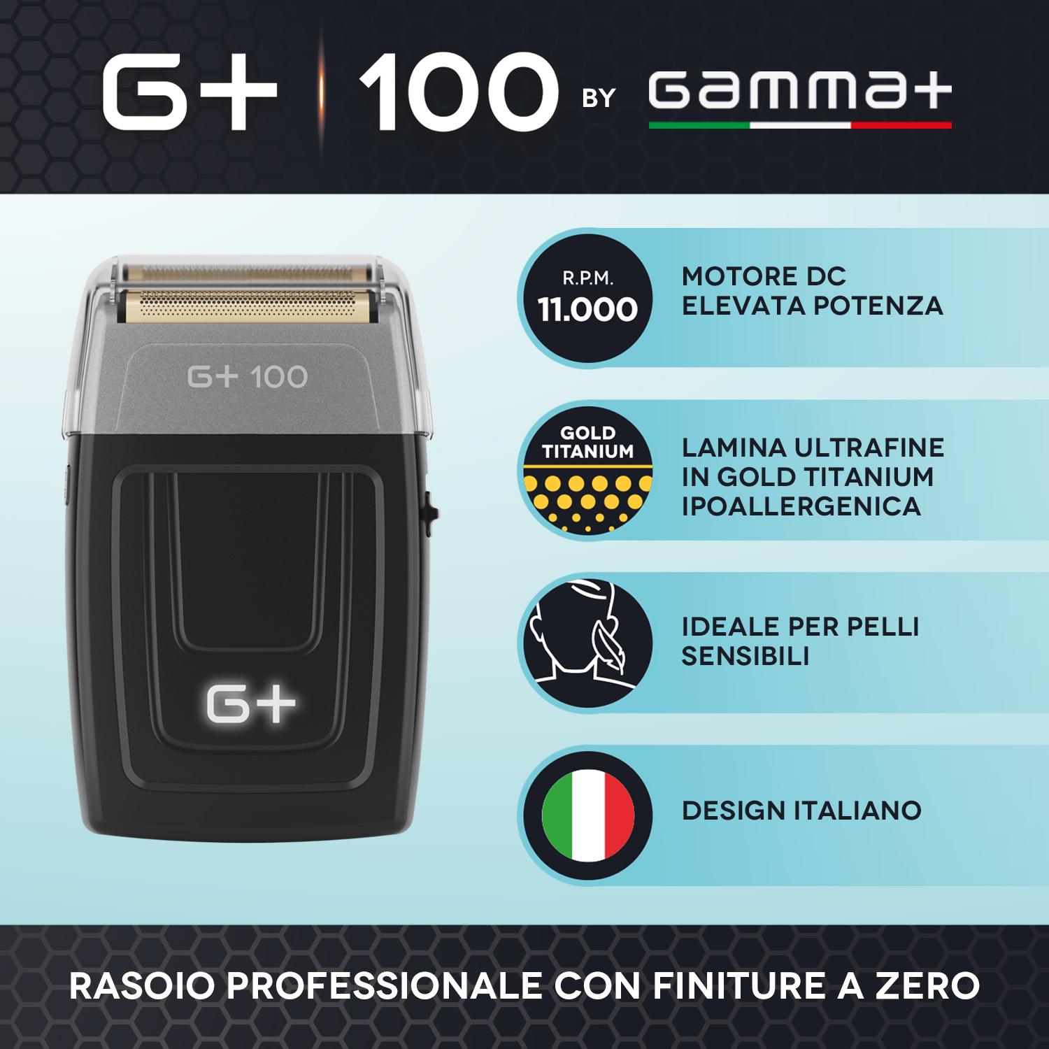 Un rasoio elettrico nero con lama in titanio dorato, loghi e icona bandiera italiana.