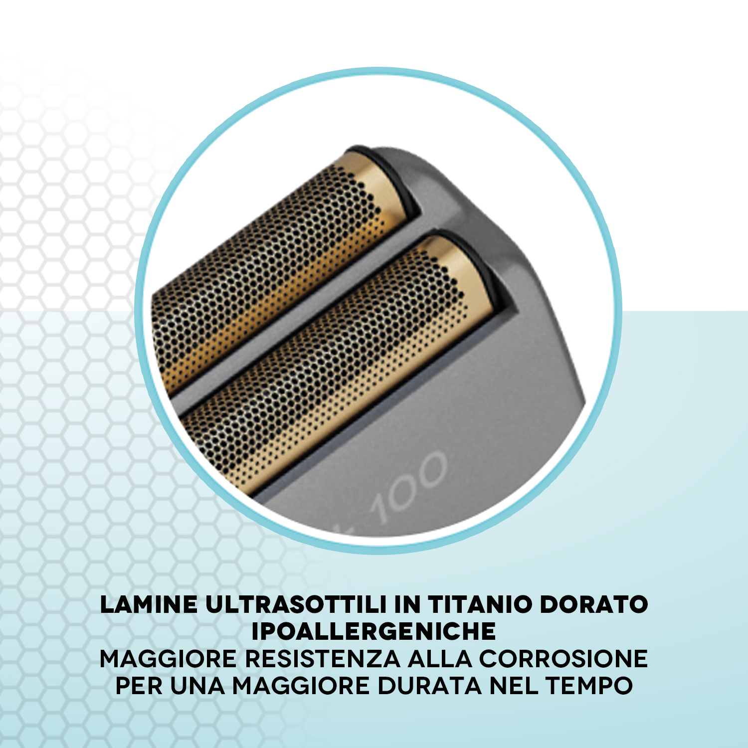Primo piano di un rasoio con lame in titanio dorato.