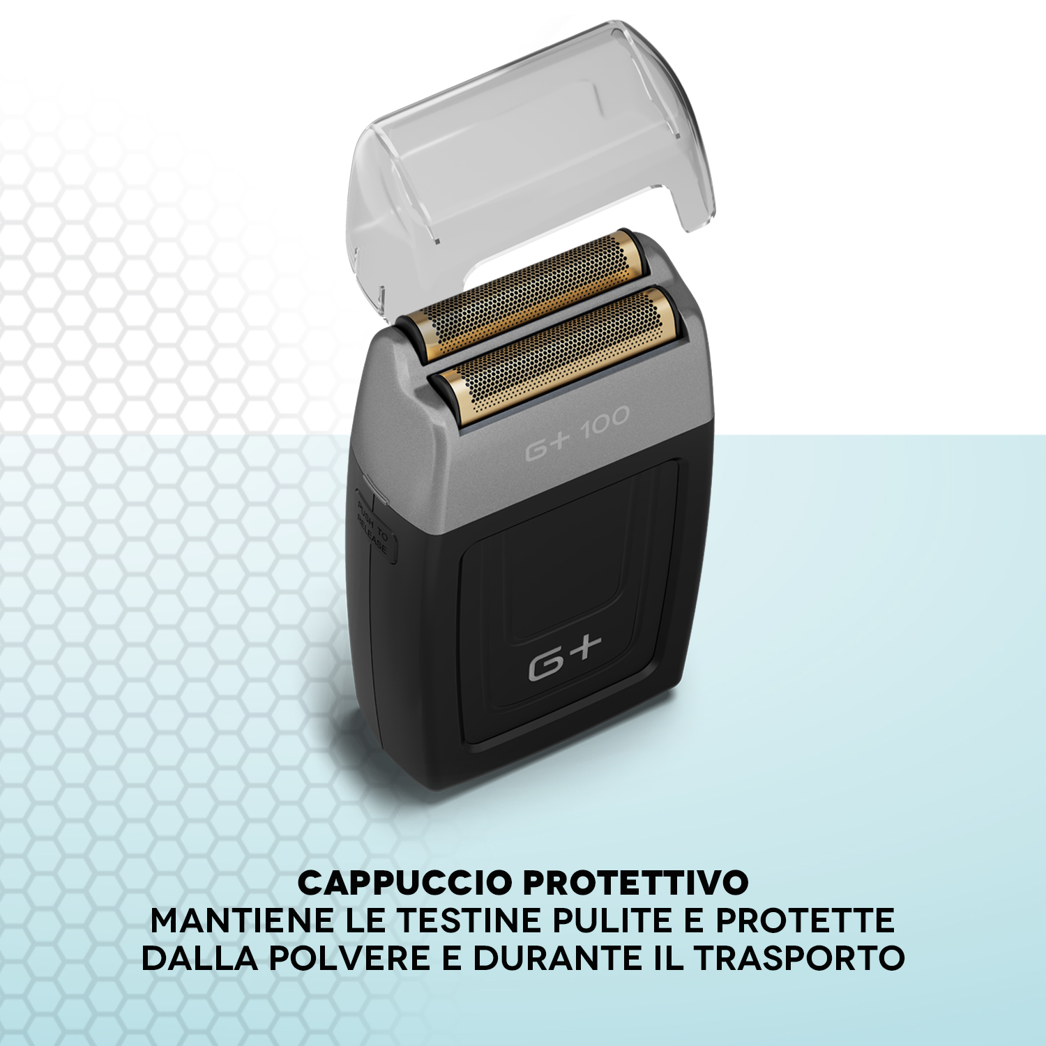 Un rasoio grigio e nero con lamine dorate e cappuccio protettivo trasparente.