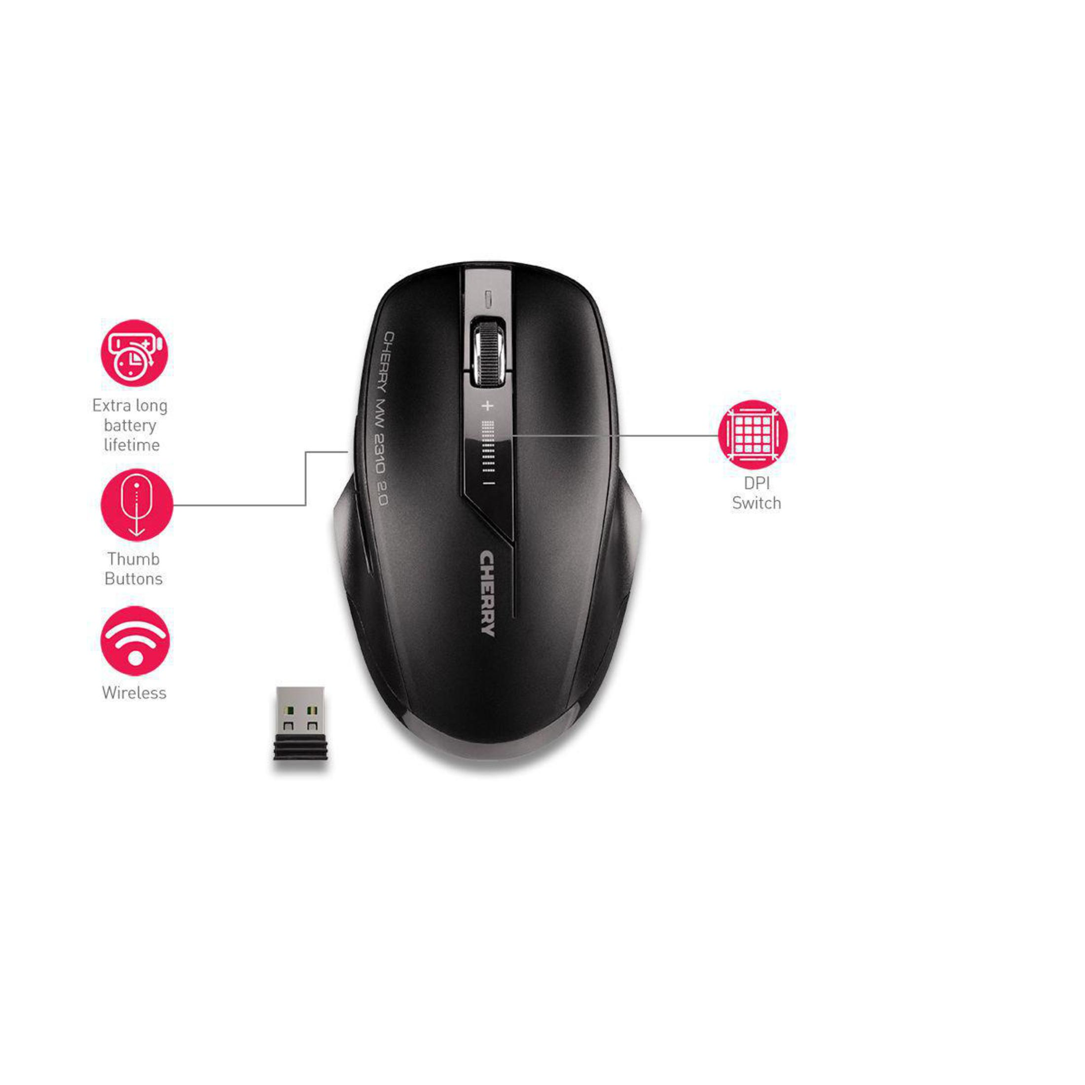 Ratón inalámbrico Cherry negro con receptor USB y etiquetas.