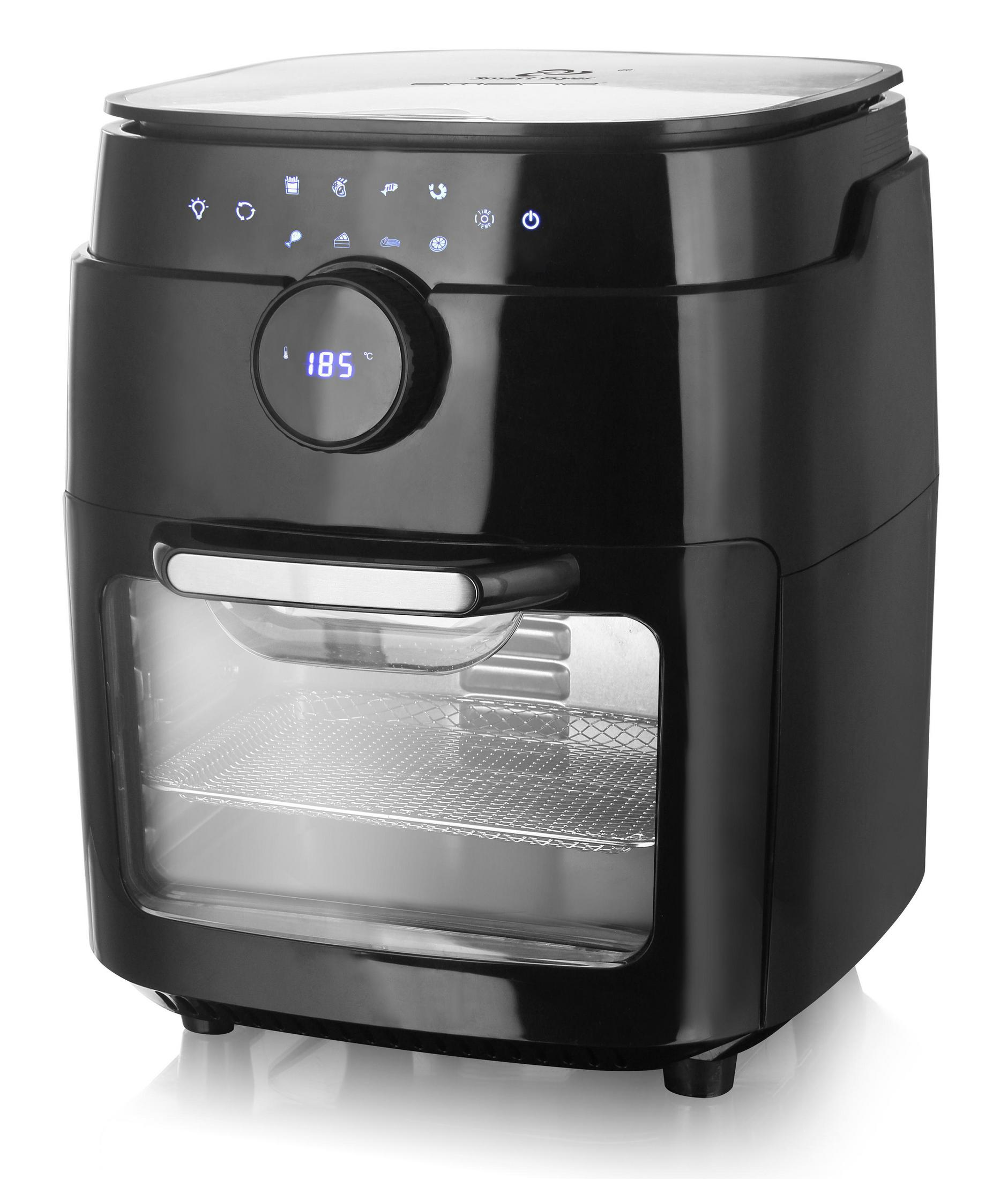 Schwarzer Heißluftfritteusenofen mit digitalem Display, das 185°C anzeigt.