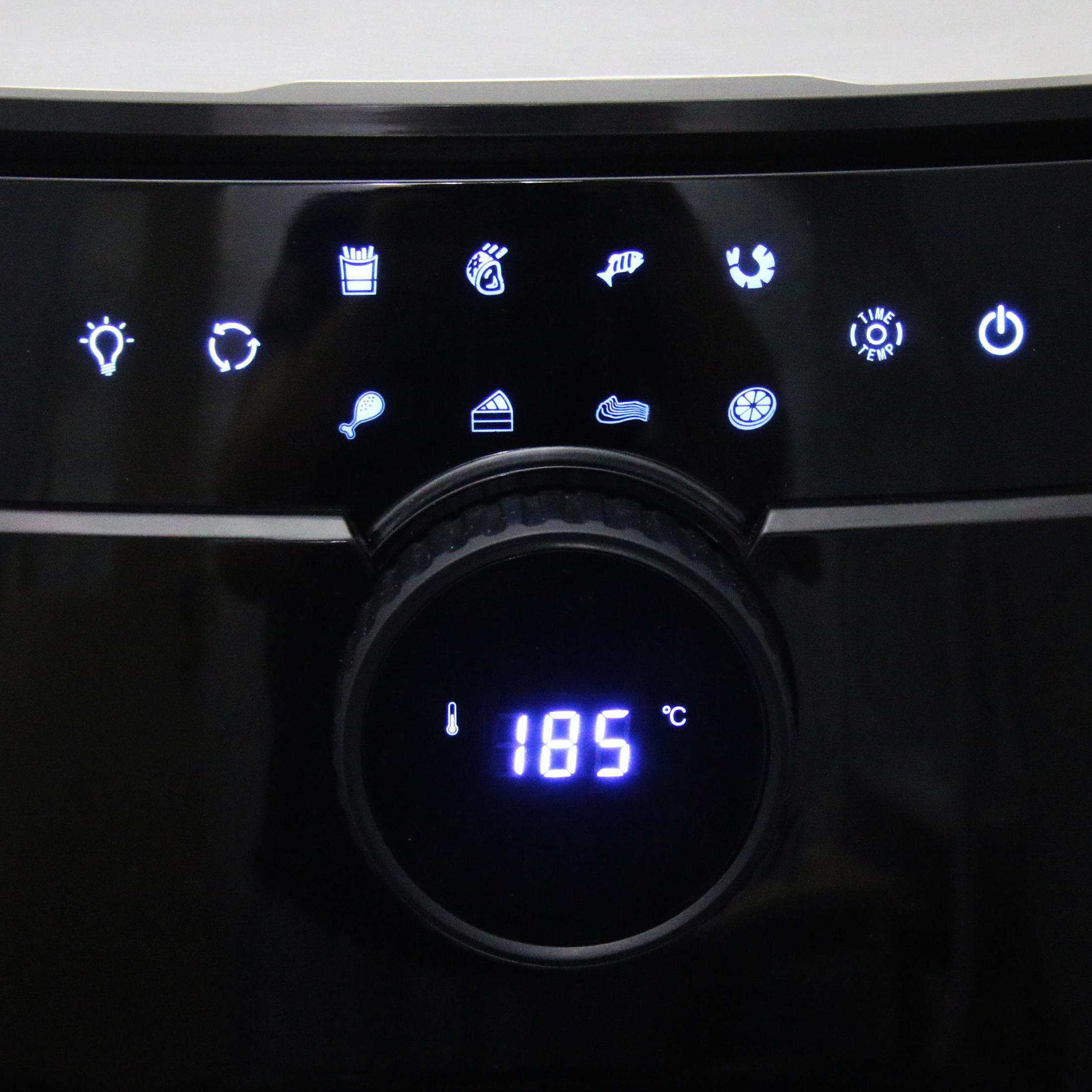 Digitalanzeige eines schwarzen Airfryers mit Symbolen und einer Temperatur von 185°C.