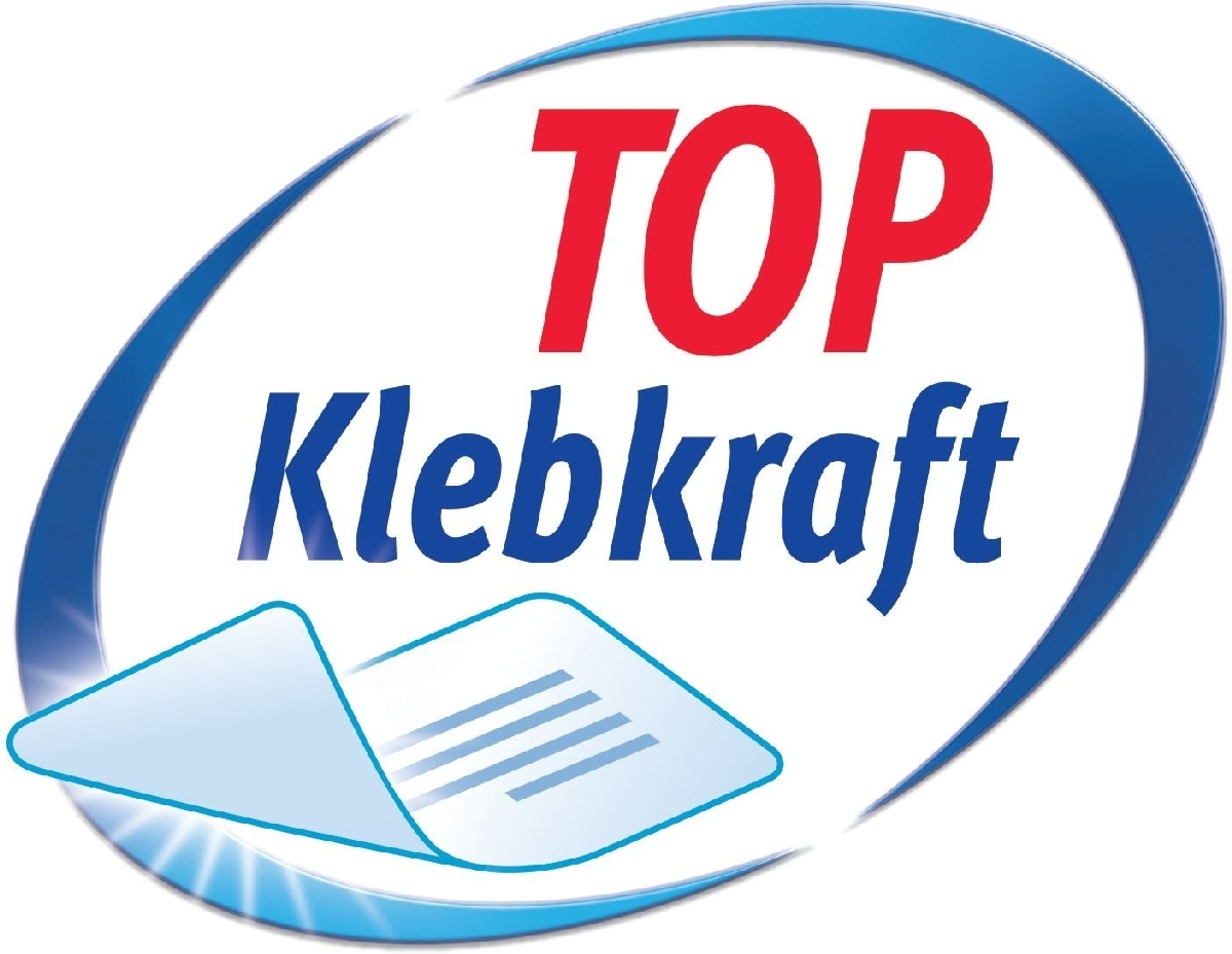 Logo mit rotem 'TOP' über blauem 'Klebkraft'. Ein Klebezettel ist im Vordergrund.