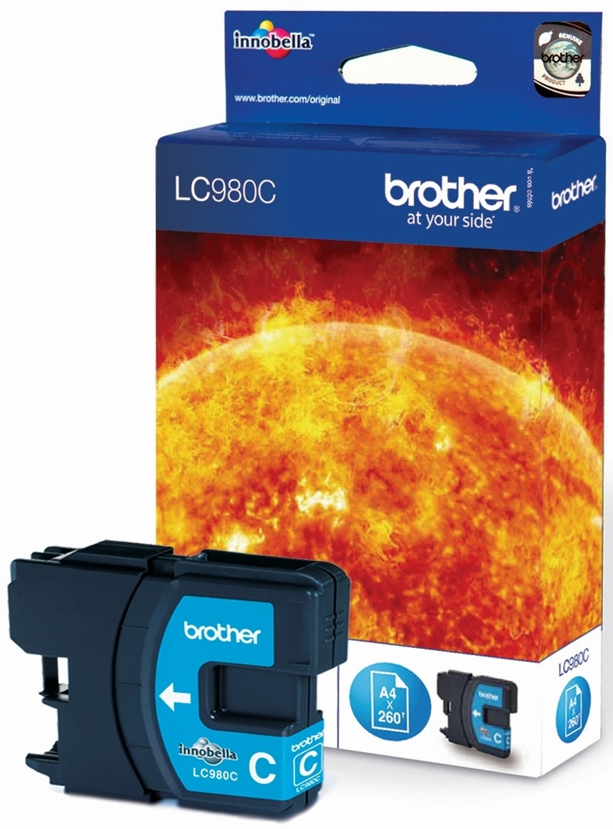 Una cartuccia d'inchiostro blu Brother LC980C davanti a una confezione con il sole.